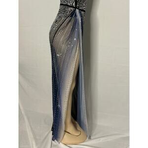✨ Crystal Star Black Mesh Gown with Blue Ombré Sheer Panel (XS / Stretch)